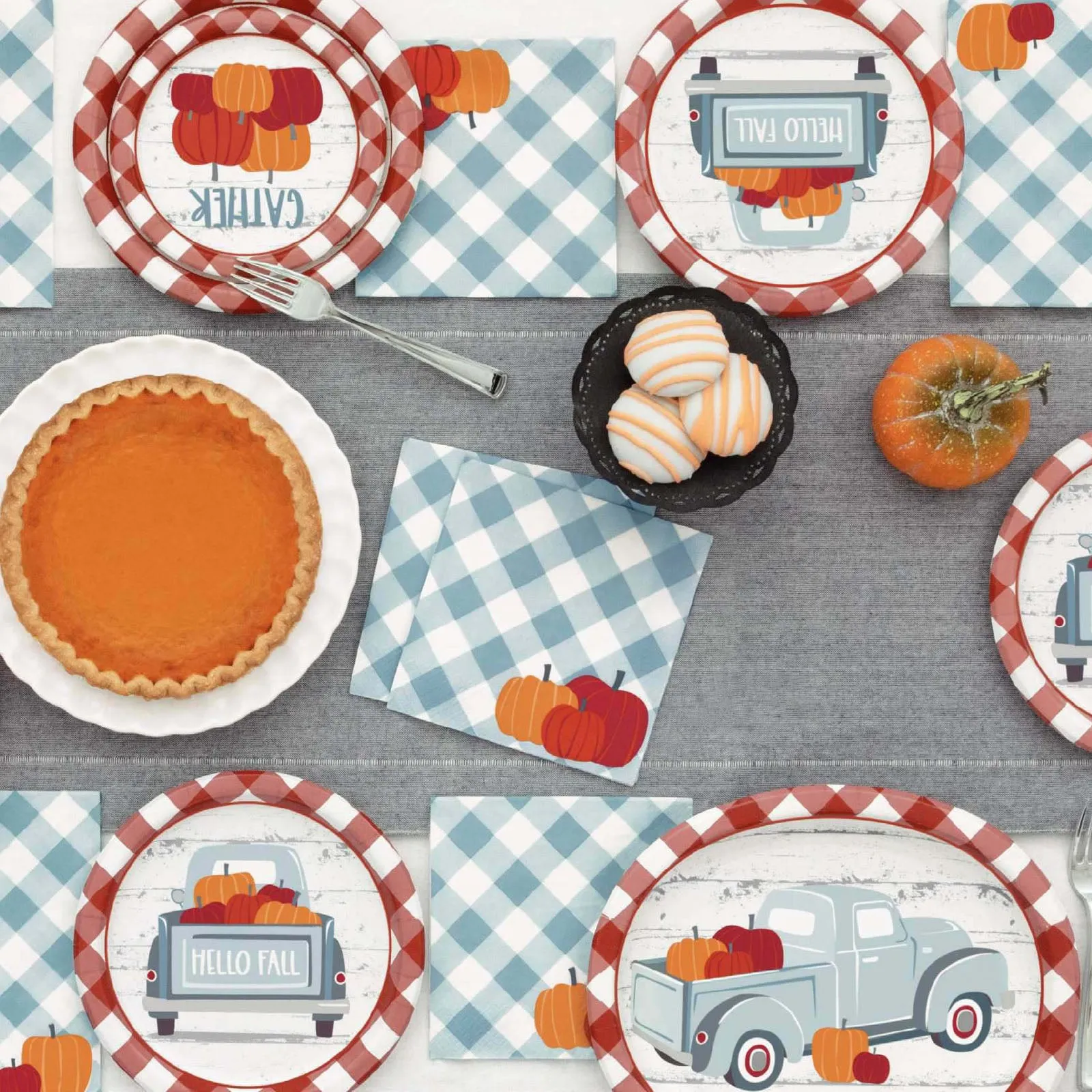 Gingham Plaid Fall Pumpkin Paper Dinner Plates and Lunch Napkins (Serves 16)