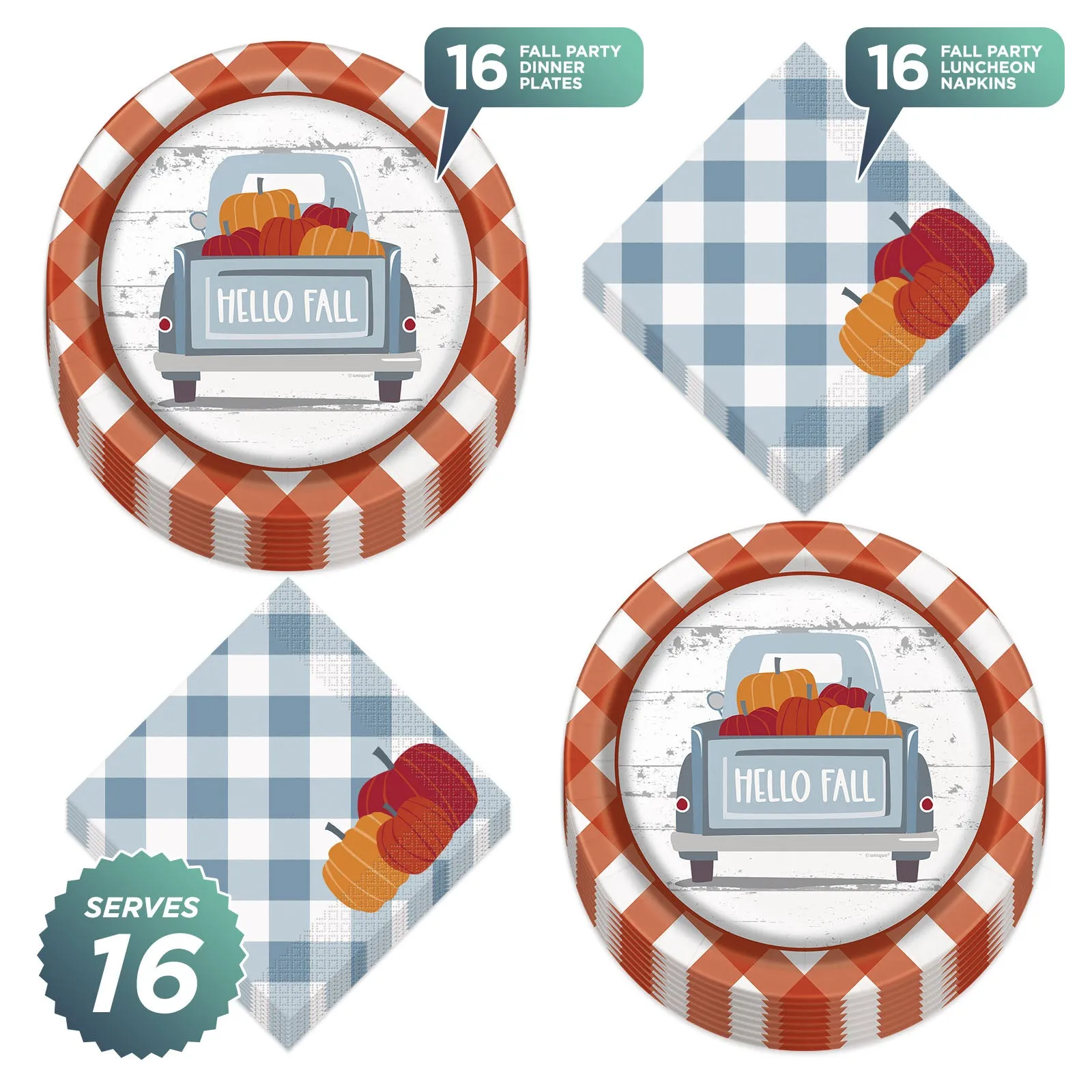 Gingham Plaid Fall Pumpkin Paper Dinner Plates and Lunch Napkins (Serves 16)