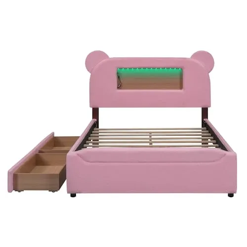 Harper & Bright Designs Full Size Upholstered Storage Platform Bed with Drawers, Cartoon Ears Headboard, LED and USB, Wood Slat Support,No Box Spring Needed,Easy Assembly, Berber Fleece, Pink