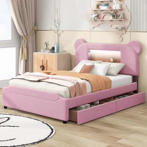 Harper & Bright Designs Full Size Upholstered Storage Platform Bed with Drawers, Cartoon Ears Headboard, LED and USB, Wood Slat Support,No Box Spring Needed,Easy Assembly, Berber Fleece, Pink