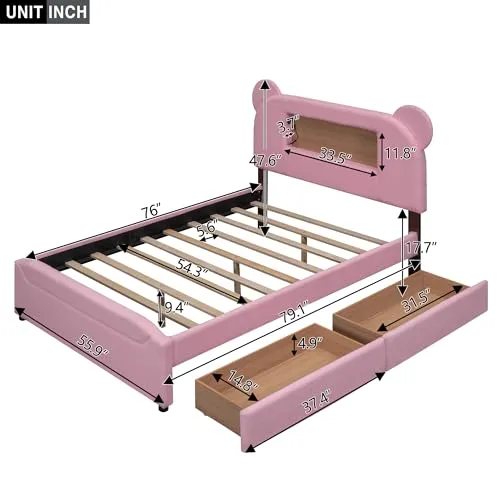 Harper & Bright Designs Full Size Upholstered Storage Platform Bed with Drawers, Cartoon Ears Headboard, LED and USB, Wood Slat Support,No Box Spring Needed,Easy Assembly, Berber Fleece, Pink