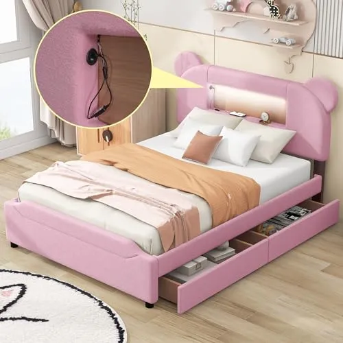 Harper & Bright Designs Full Size Upholstered Storage Platform Bed with Drawers, Cartoon Ears Headboard, LED and USB, Wood Slat Support,No Box Spring Needed,Easy Assembly, Berber Fleece, Pink