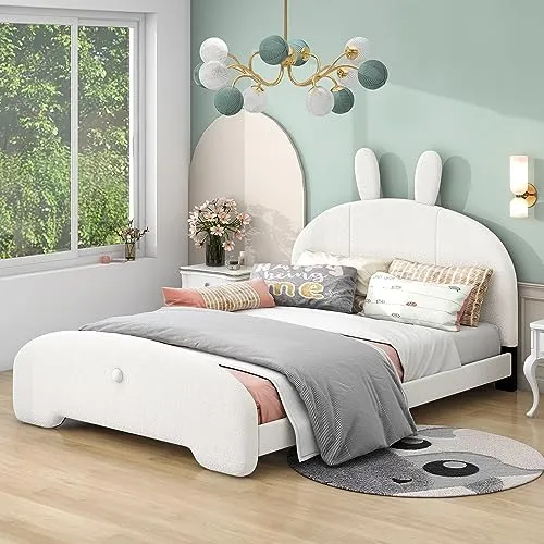 Harper & Bright Designs Kids Upholstered Bed Frame Full with Cartoon Ears Shaped Headboard,Children Full Size Platform Bed with Teddy Fleece Fabric, Cute Single Full Bed for Girls Boys, White