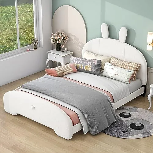 Harper & Bright Designs Kids Upholstered Bed Frame Full with Cartoon Ears Shaped Headboard,Children Full Size Platform Bed with Teddy Fleece Fabric, Cute Single Full Bed for Girls Boys, White