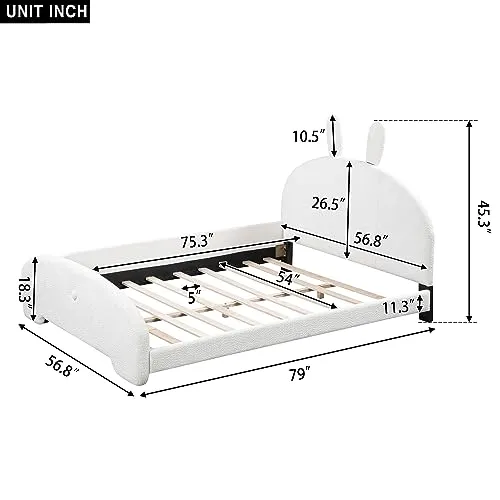 Harper & Bright Designs Kids Upholstered Bed Frame Full with Cartoon Ears Shaped Headboard,Children Full Size Platform Bed with Teddy Fleece Fabric, Cute Single Full Bed for Girls Boys, White