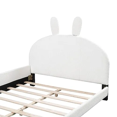 Harper & Bright Designs Kids Upholstered Bed Frame Full with Cartoon Ears Shaped Headboard,Children Full Size Platform Bed with Teddy Fleece Fabric, Cute Single Full Bed for Girls Boys, White