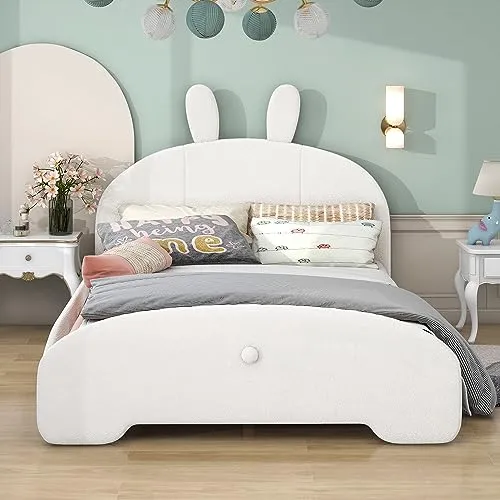 Harper & Bright Designs Kids Upholstered Bed Frame Full with Cartoon Ears Shaped Headboard,Children Full Size Platform Bed with Teddy Fleece Fabric, Cute Single Full Bed for Girls Boys, White