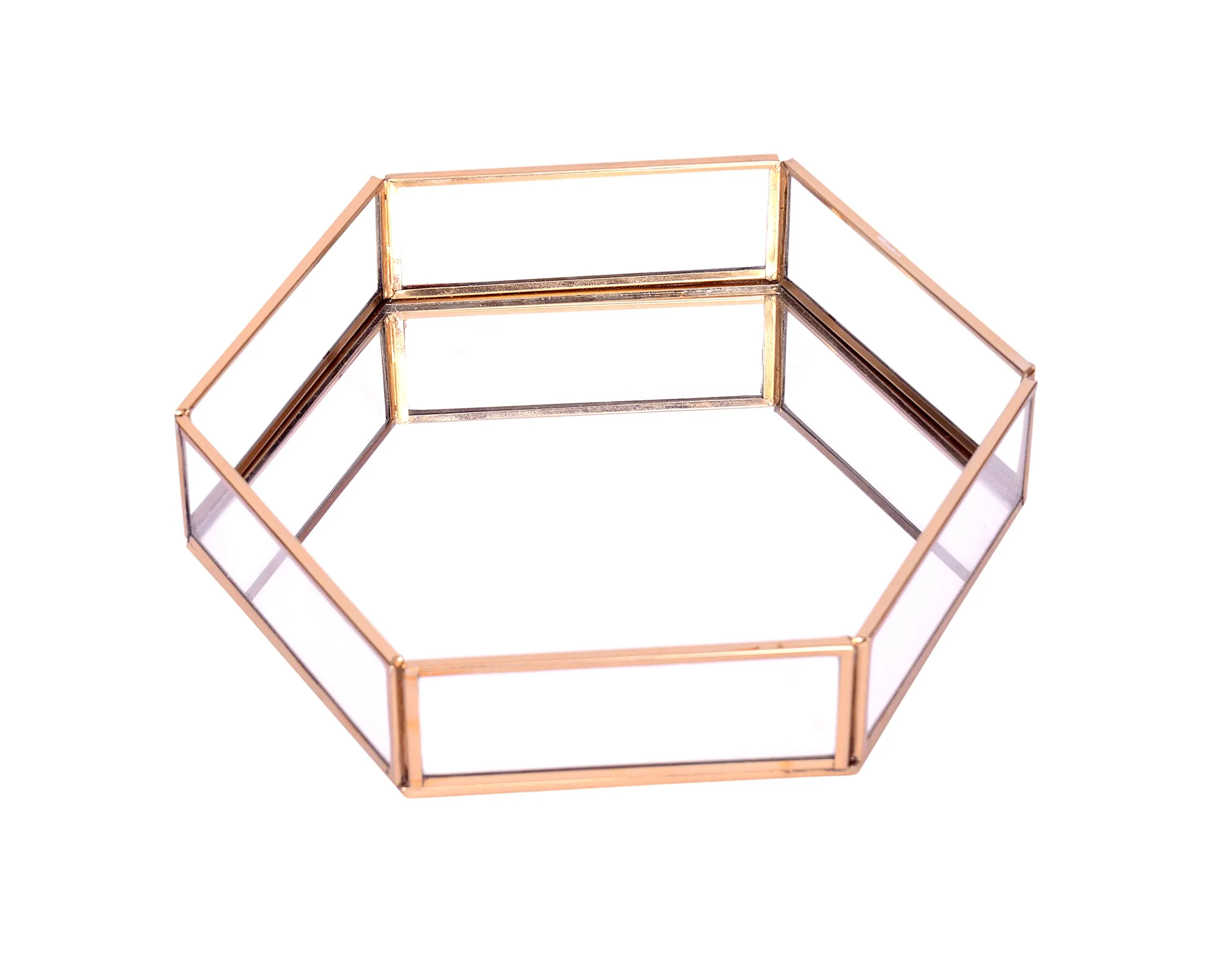 Hexagon Glass with Brass Rim Mirror Base Vanity Makeup Tray for Home Decor (Medium, Golden)