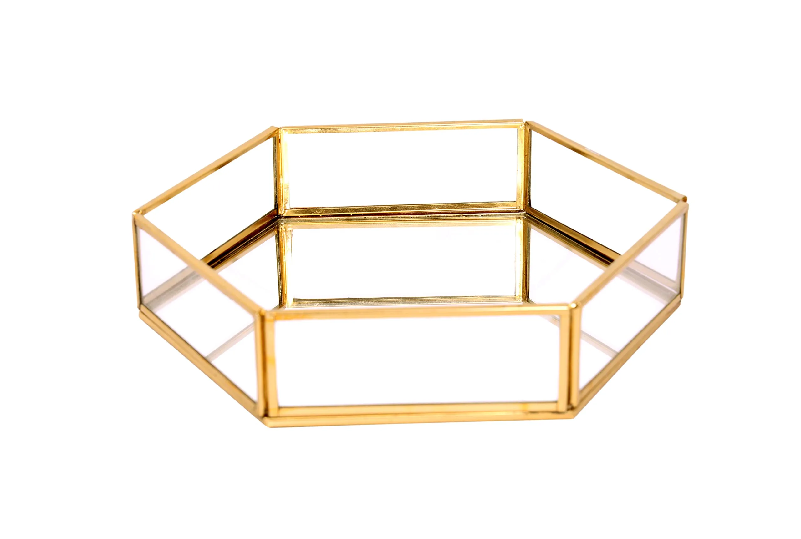 Hexagon Glass with Brass Rim Mirror Base Vanity Makeup Tray for Home Decor (Medium, Golden)