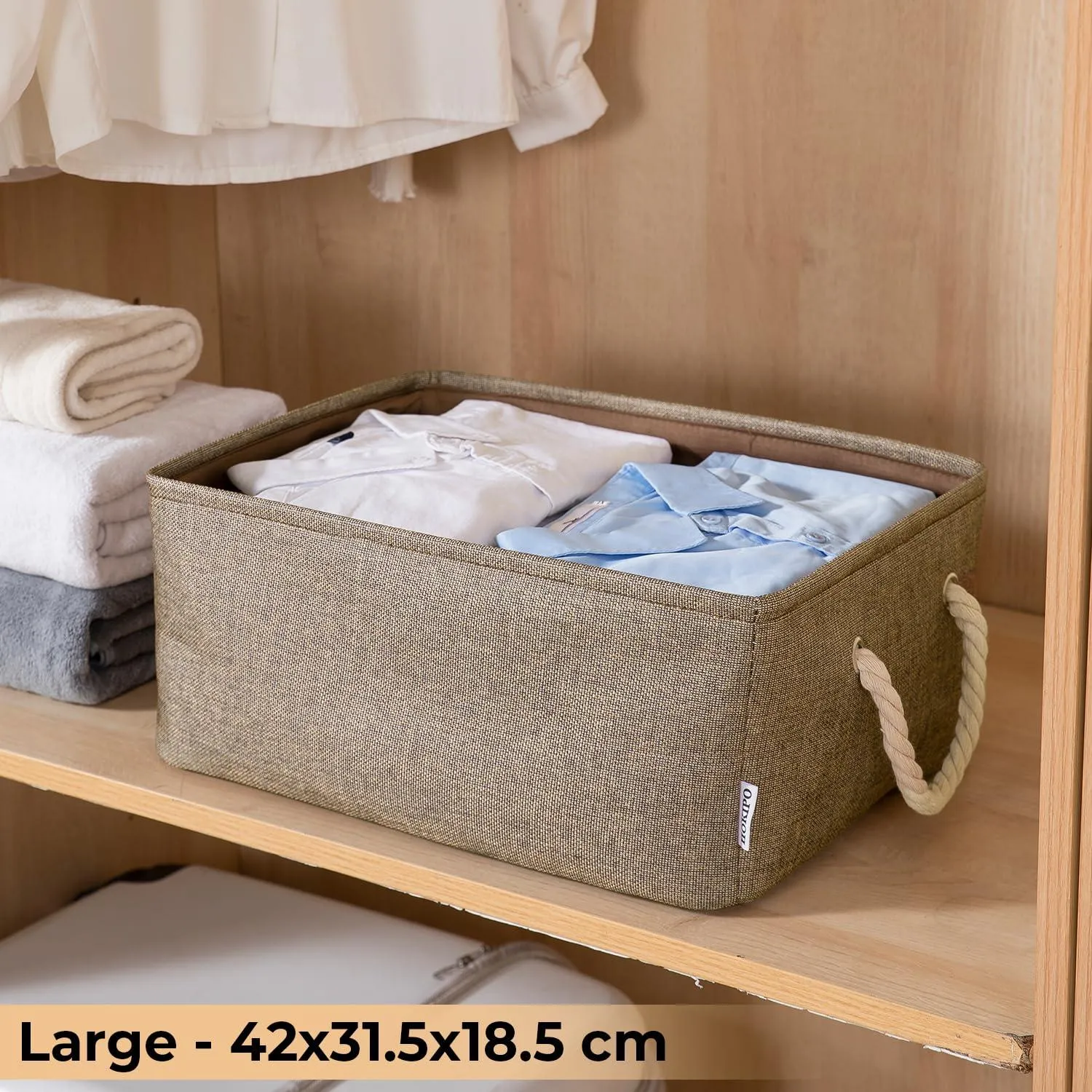 HOKIPO Jute Eco-Friendly Foldable Clothes Storage Basket, Coffee Brown