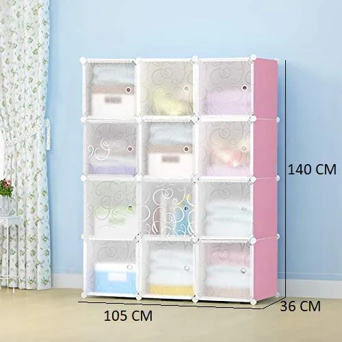 Keshav International 12 Door Plastic Sheet Wardrobe Storage Rack Clothes Organizer for Kids Living Room Small Accessories (Transparent Pink)