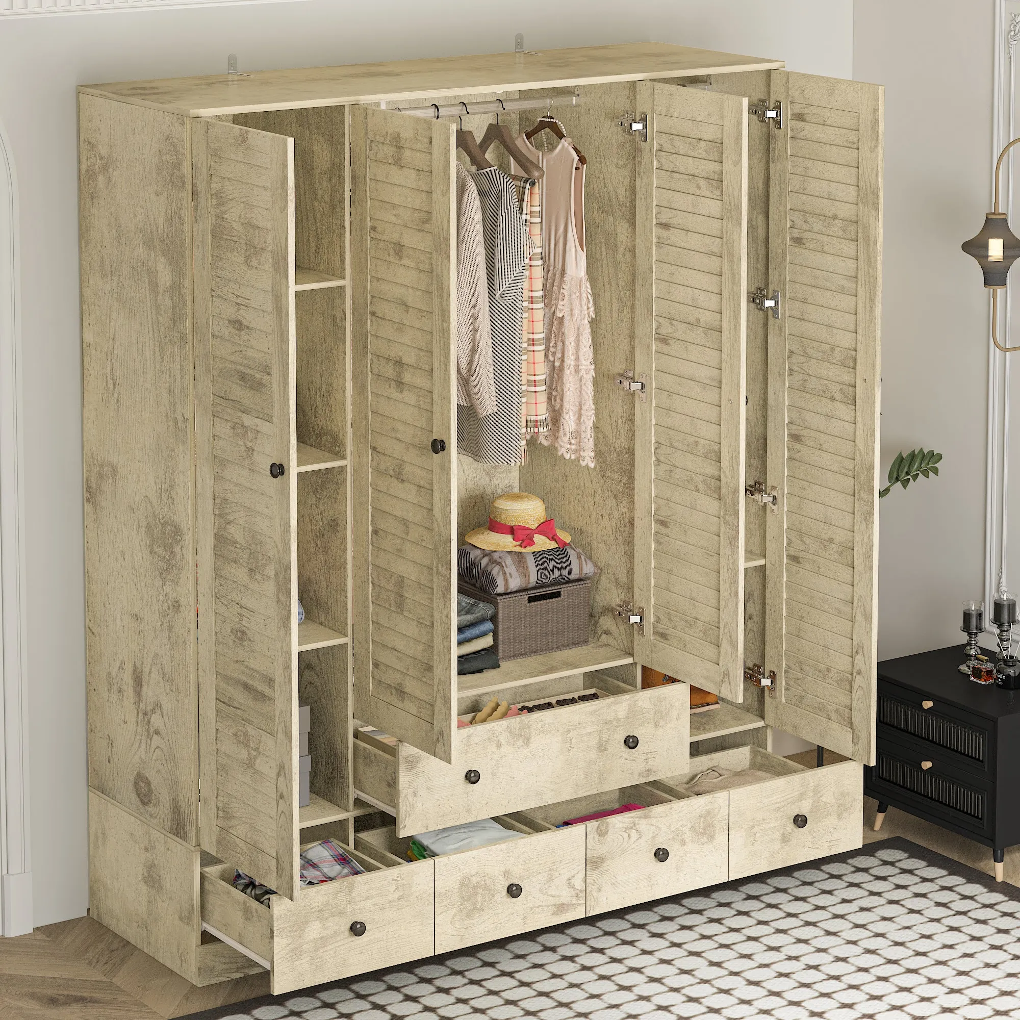 Large Wardrobe Closet Armoire Bedroom Storage Cabinet 4 Doors 5 Drawers