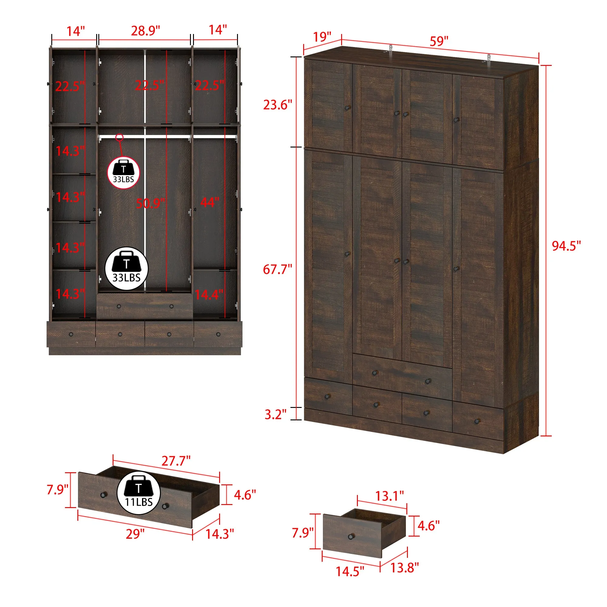 Large Wardrobe Closet Armoire Bedroom Storage Cabinet 4 Doors 5 Drawers