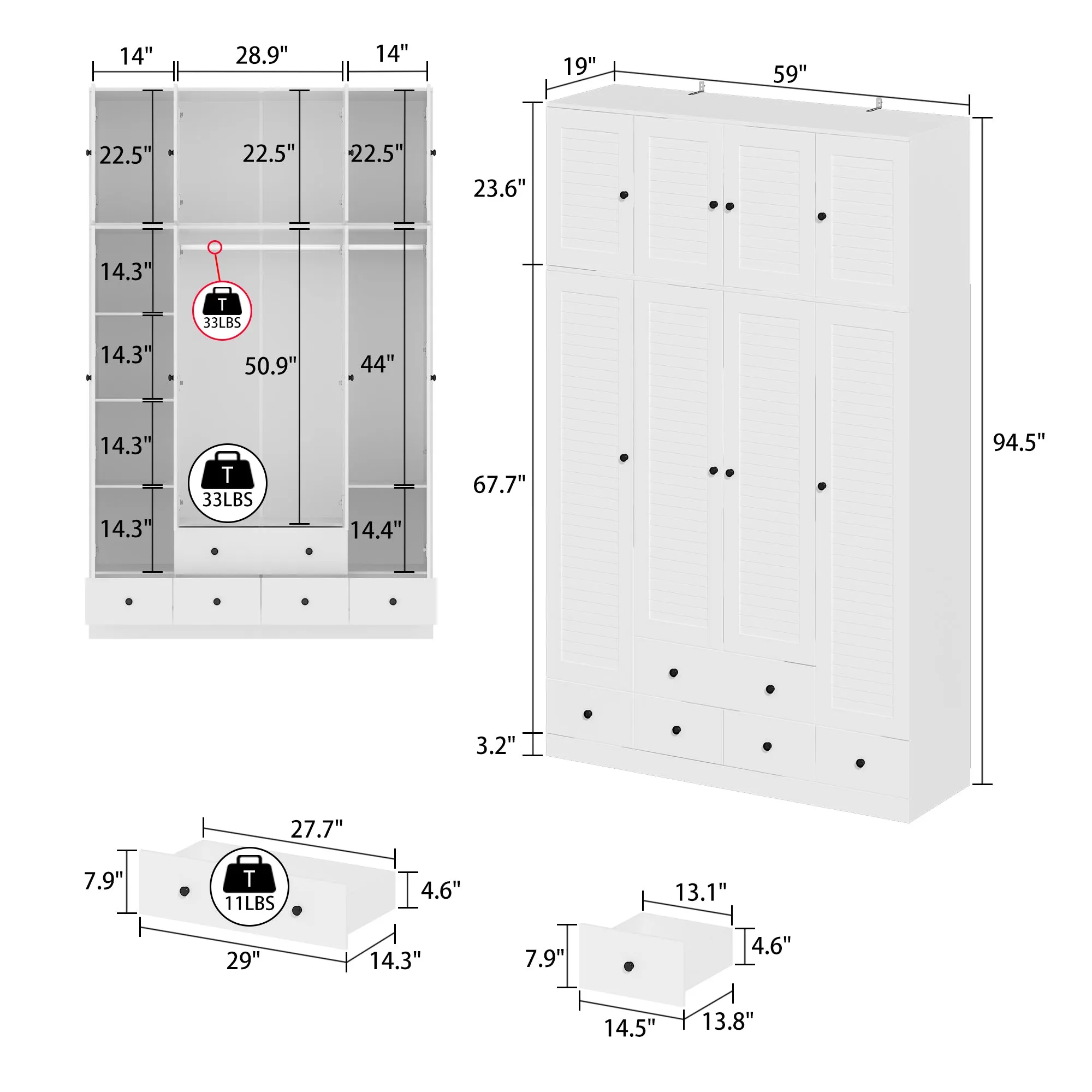 Large Wardrobe Closet Armoire Bedroom Storage Cabinet 4 Doors 5 Drawers