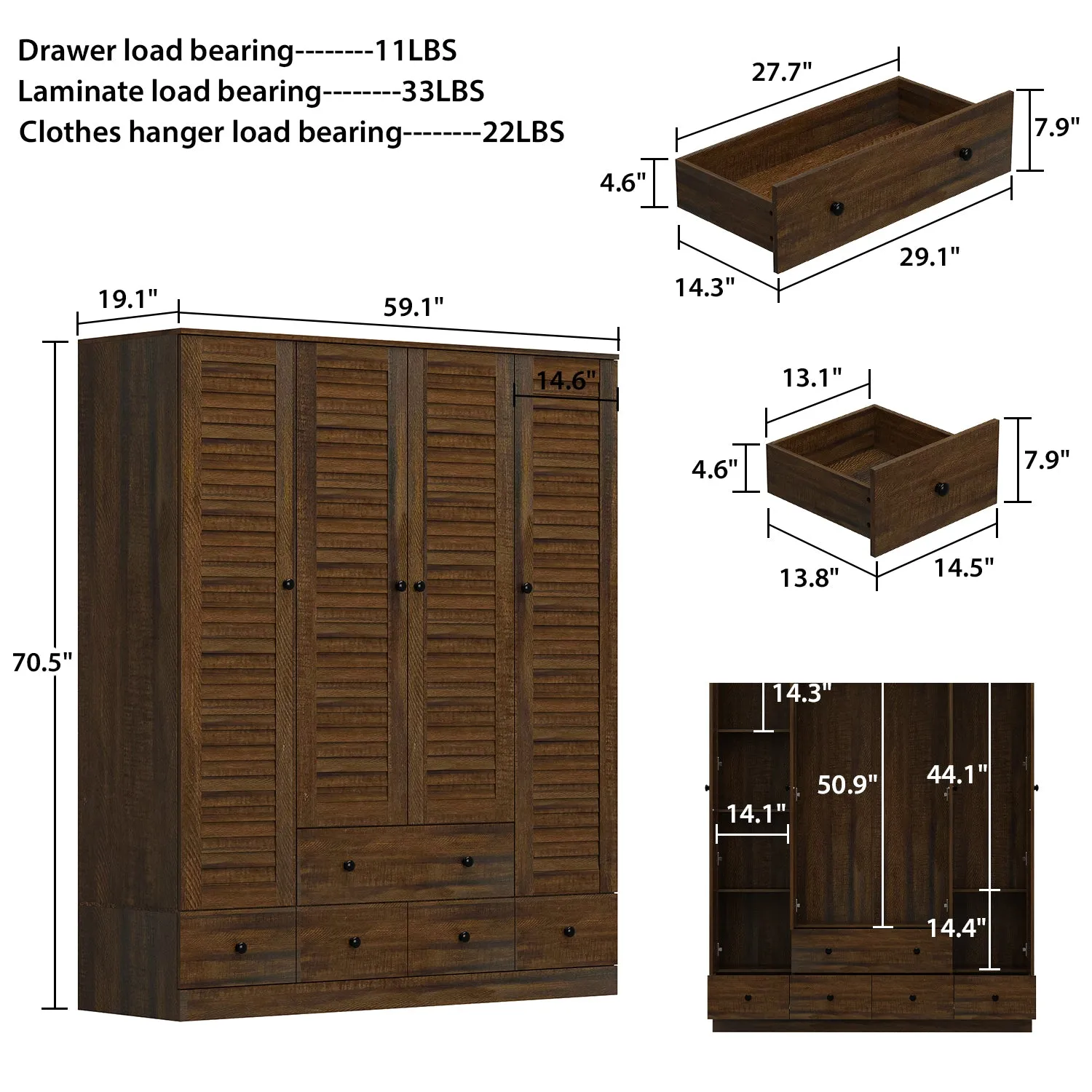 Large Wardrobe Closet Armoire Bedroom Storage Cabinet 4 Doors 5 Drawers