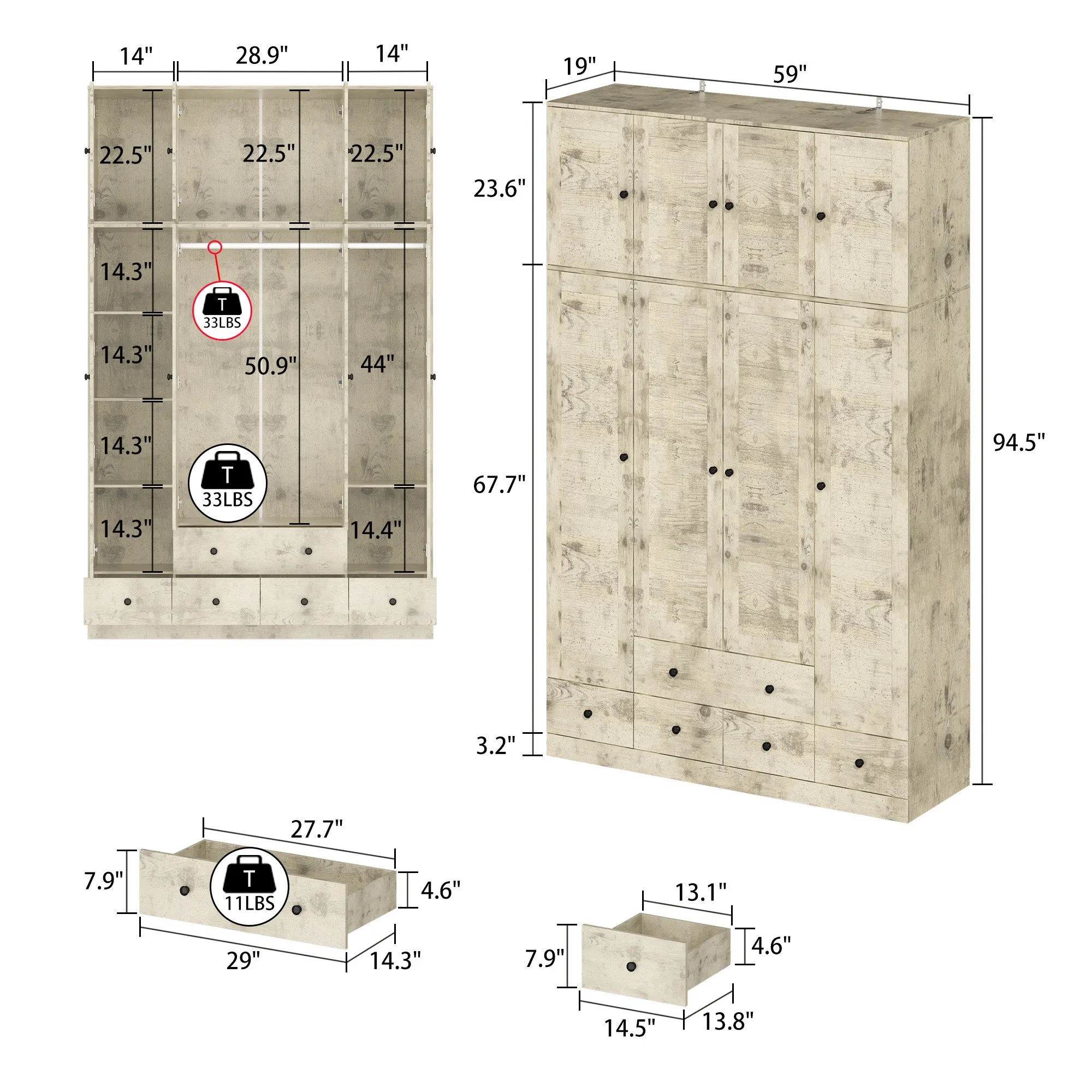 Large Wardrobe Closet Armoire Bedroom Storage Cabinet 4 Doors 5 Drawers