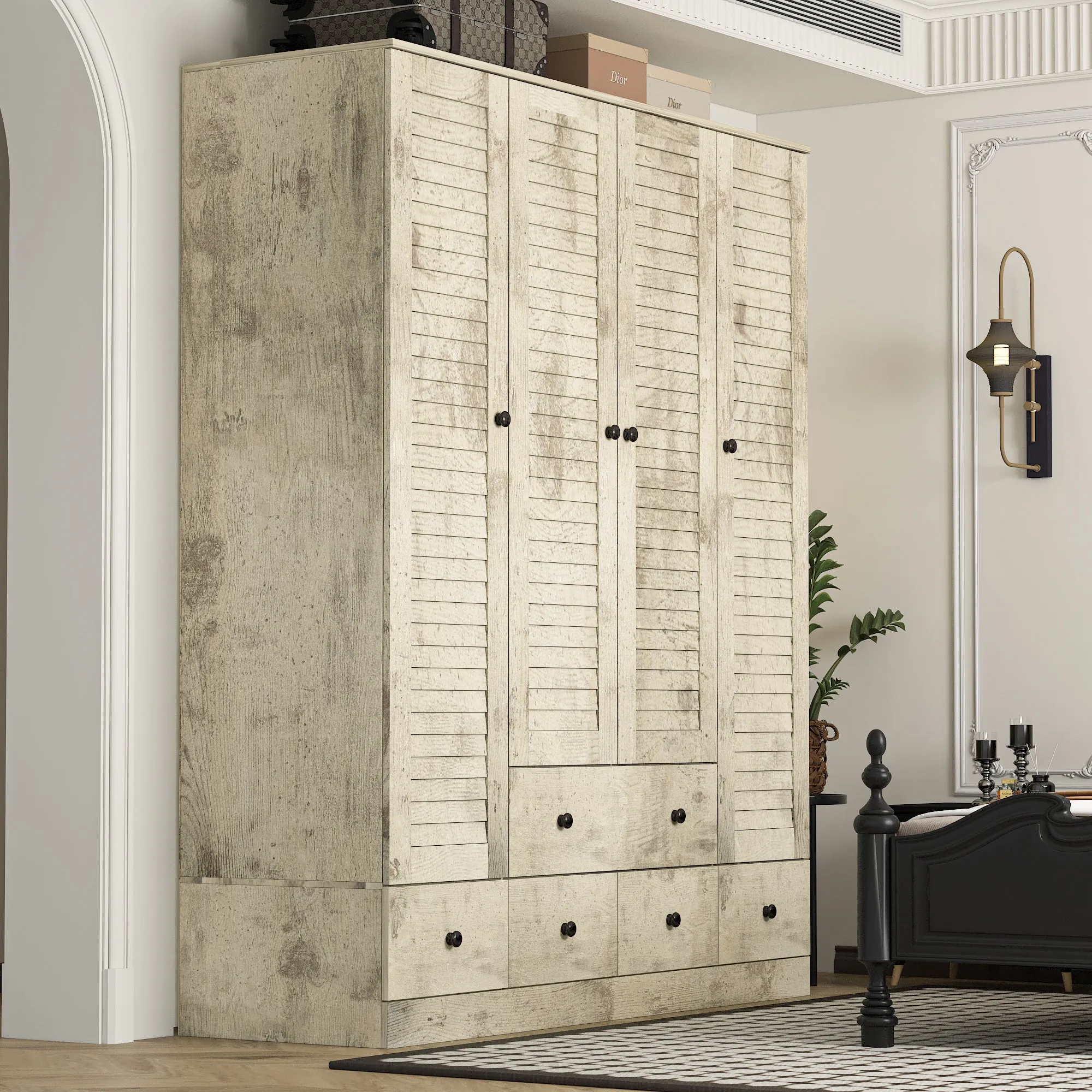 Large Wardrobe Closet Armoire Bedroom Storage Cabinet 4 Doors 5 Drawers