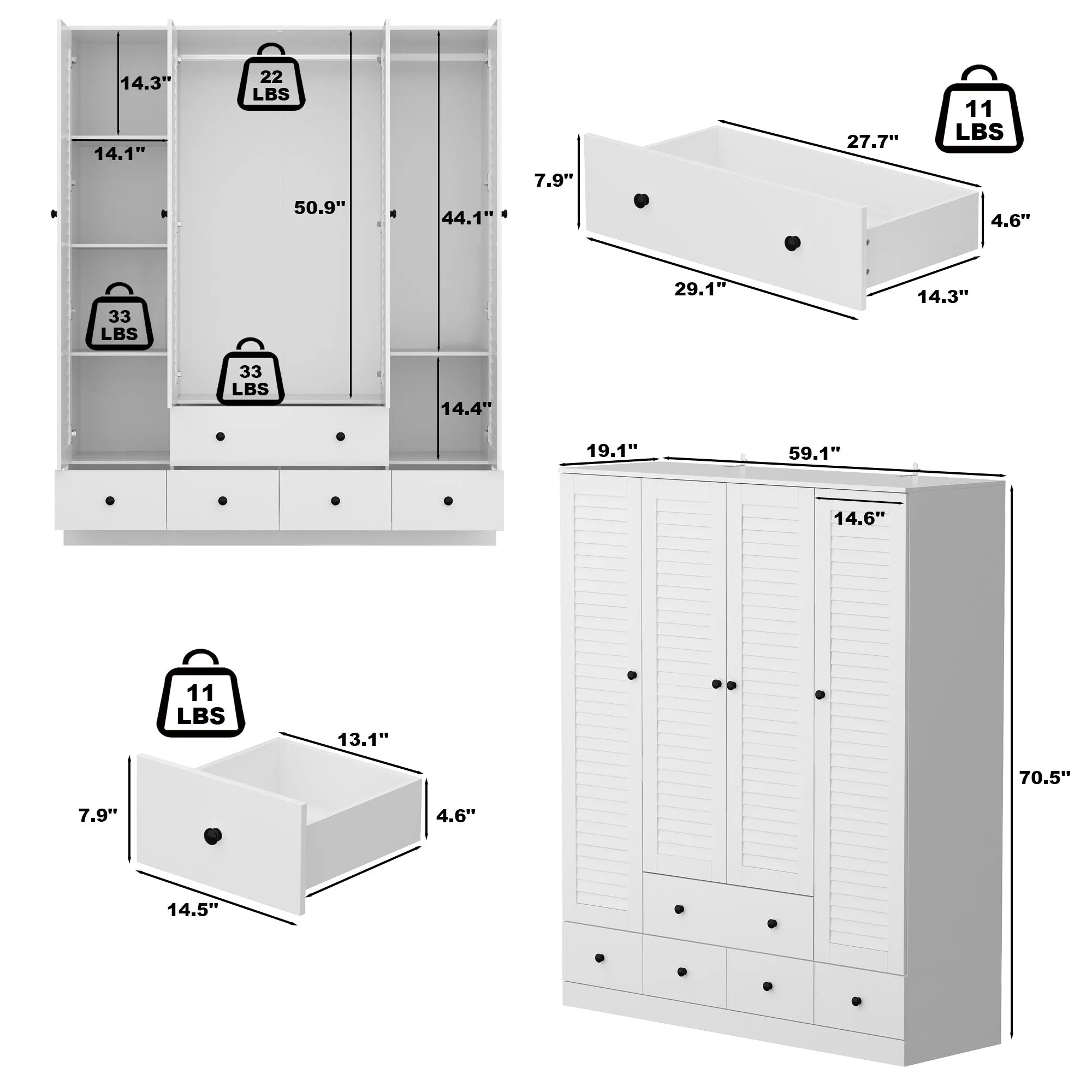 Large Wardrobe Closet Armoire Bedroom Storage Cabinet 4 Doors 5 Drawers