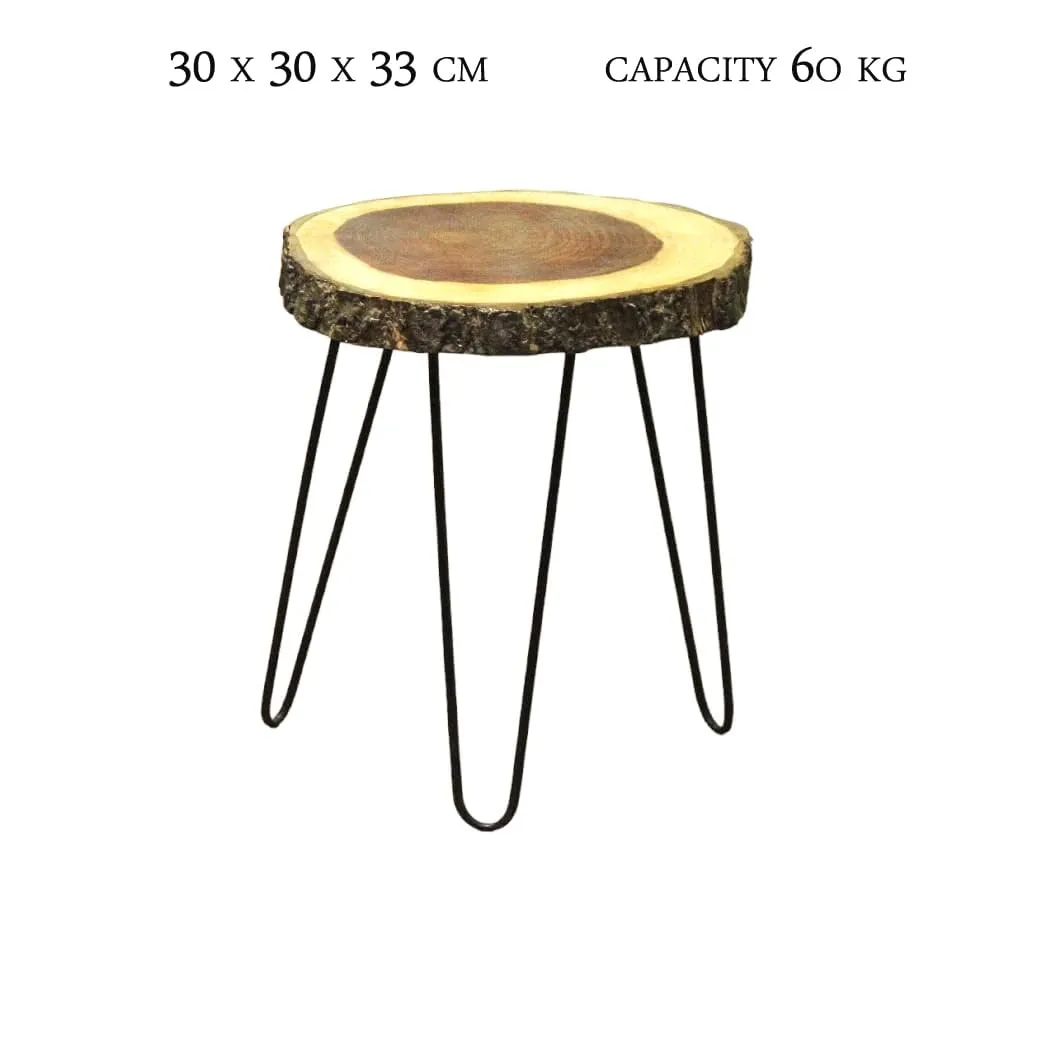 LATEST HANDICRAFTS Sheesham Wood Slab Beautiful End Table | Small Coffee Table | Side Table Plant & lamp Stand | Balcony Table | Indoor and Outdoor Stool with bark (30 x 30 x 33 cm)