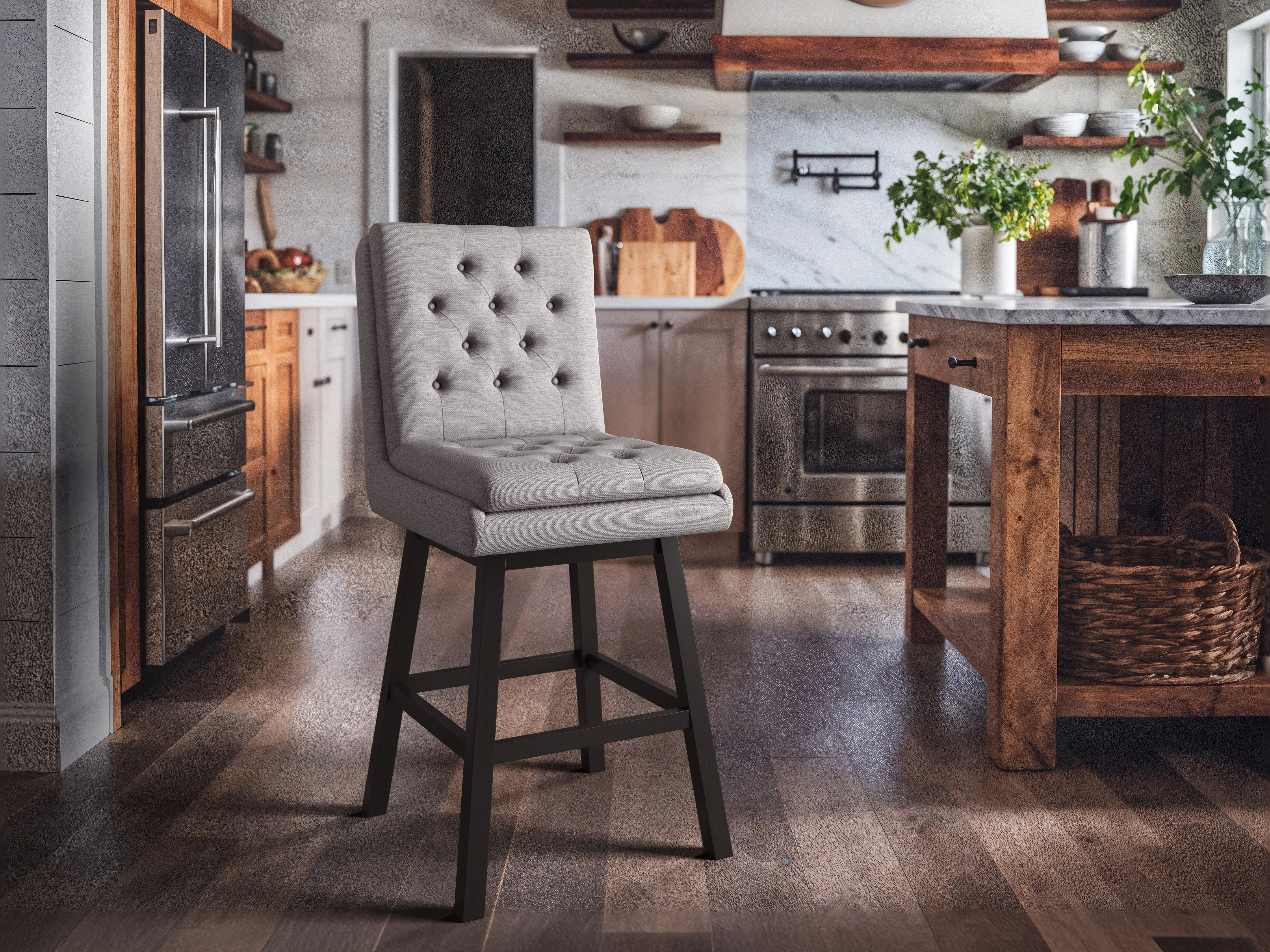 Light Grey Button Tufted Bar Stools