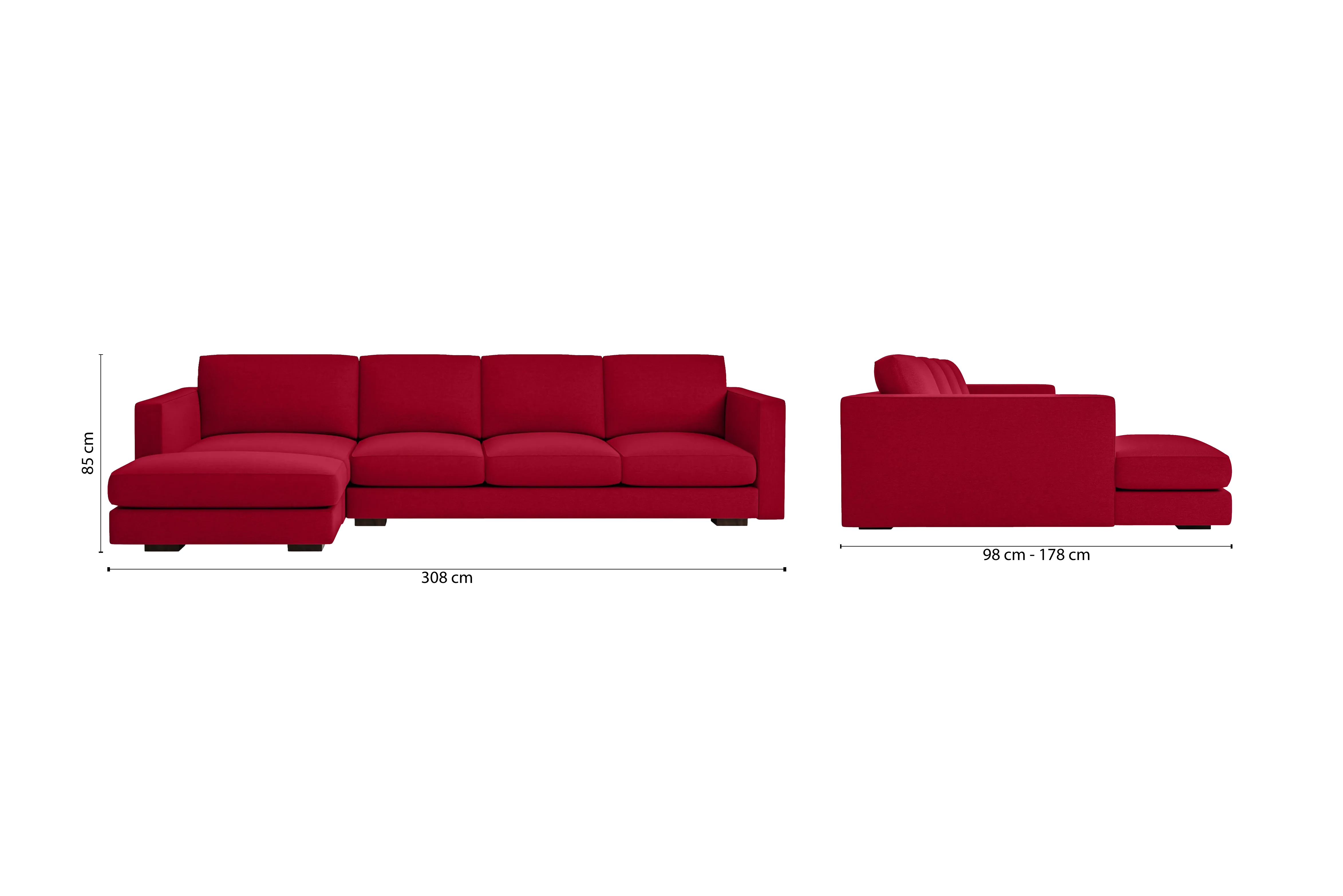 Messina 4 Seater Left Hand Facing Chaise Lounge Corner Sofa Red Linen Fabric