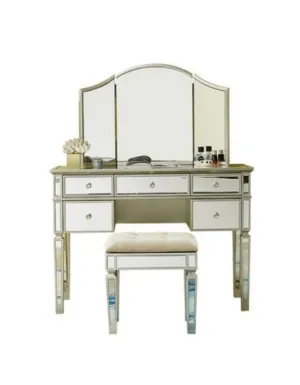 Mirrored Vanity Set, 5 Drawer Dresser Table, Mirror & Stool | STELLA