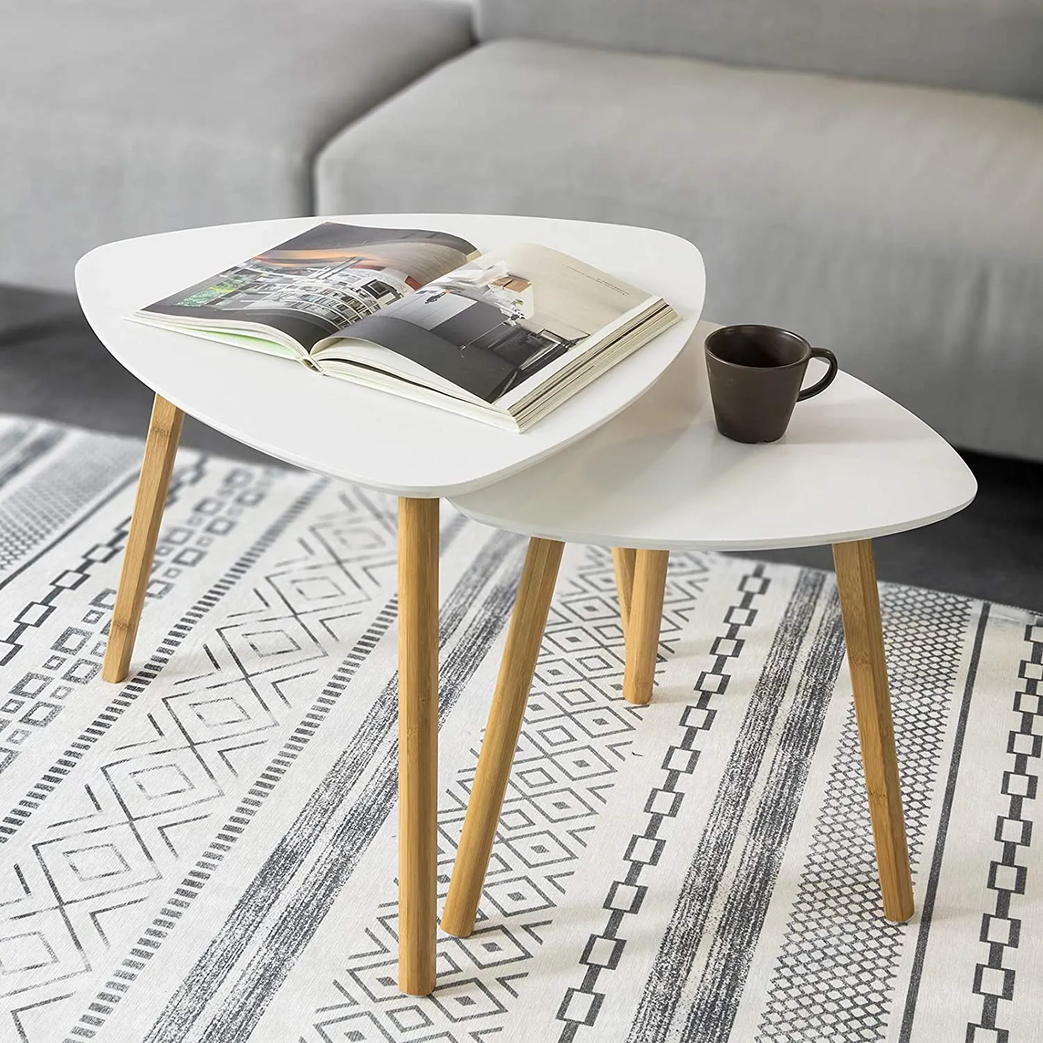 Modern Set of 2 White MDF Bamboo Side Nesting Tables