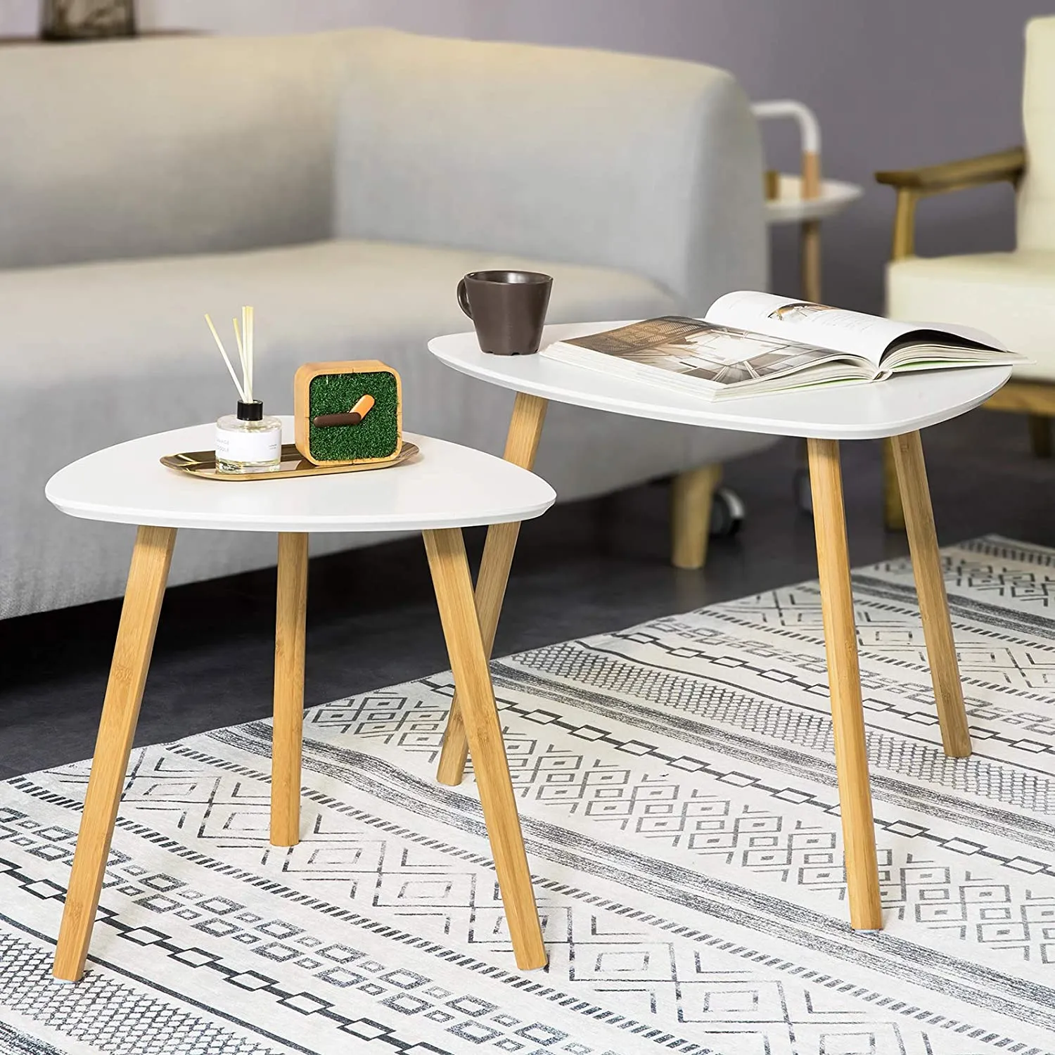 Modern Set of 2 White MDF Bamboo Side Nesting Tables