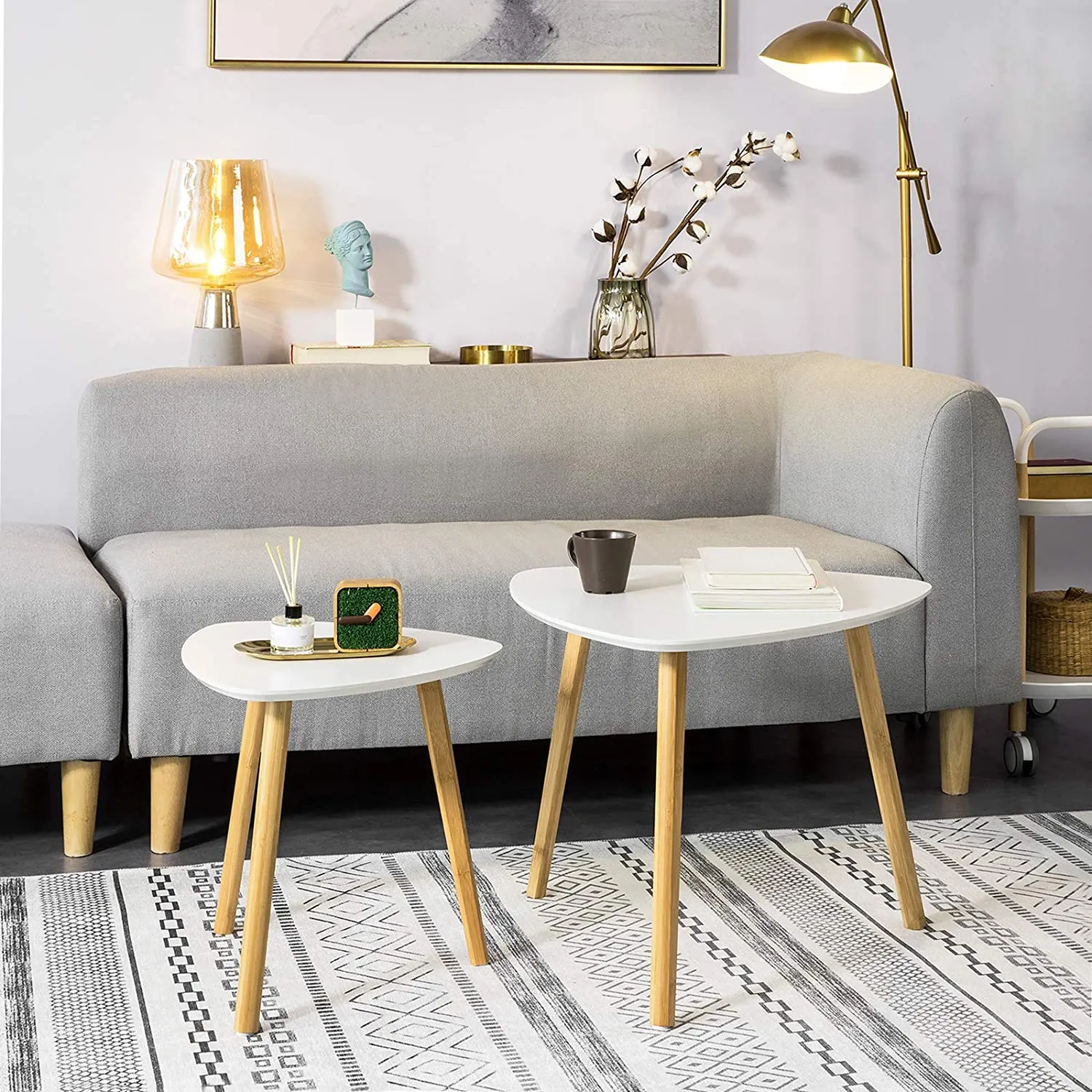 Modern Set of 2 White MDF Bamboo Side Nesting Tables