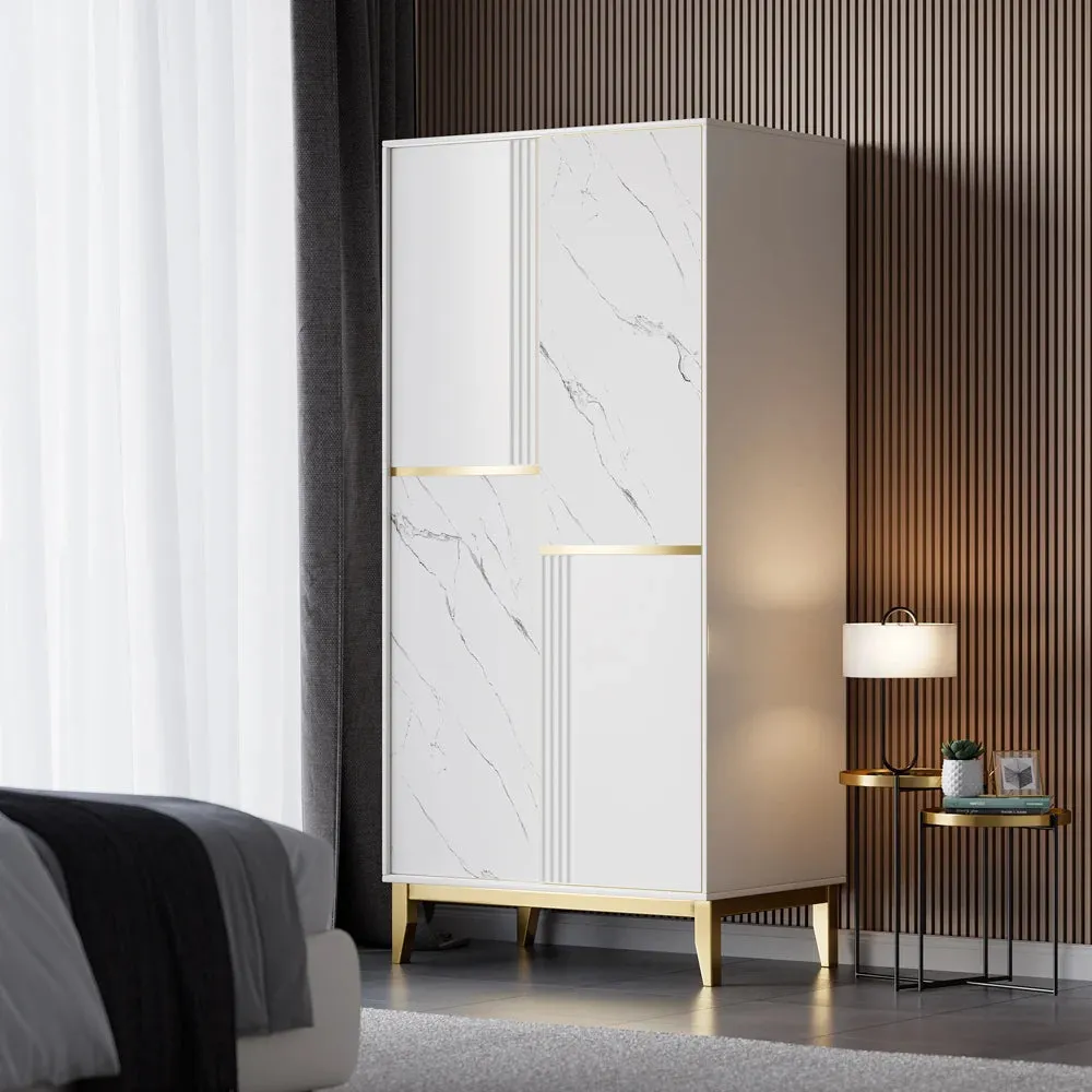 Modern White Closet With Sliding Doors Wardrobe With Shelves & Hanging Rod