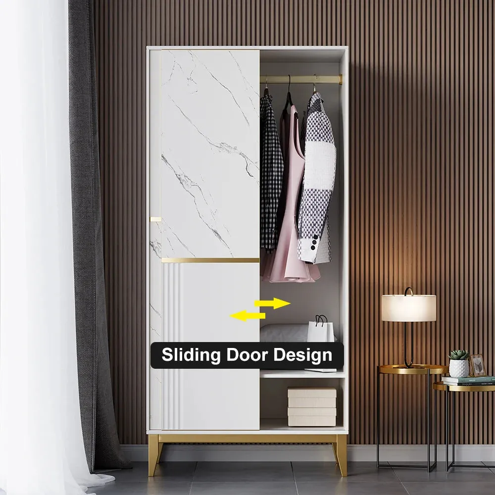 Modern White Closet With Sliding Doors Wardrobe With Shelves & Hanging Rod