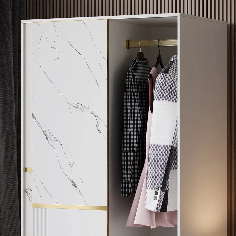 Modern White Closet With Sliding Doors Wardrobe With Shelves & Hanging Rod