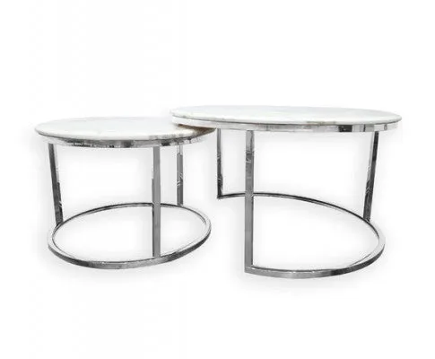 Nesting Style Coffee Table - White on Silver Stainless Steel - 80cm/60cm