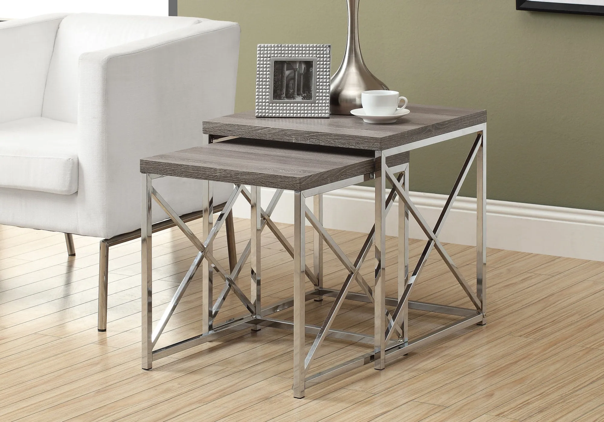 Nesting Table - 2Pcs Set / Dark Taupe With Chrome Metal