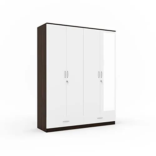 Nilkamal Mozart 4 Door Engineered Wood Wardrobe with Mirror, Locker, 2 Hanging Rod, Drawers & Shelves | 1 Year Warranty | Bedroom Wardrobe (Color - Walnut/White, Delivery Condition - Knock Down)