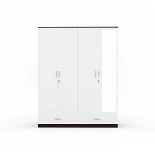 Nilkamal Mozart 4 Door Engineered Wood Wardrobe with Mirror, Locker, 2 Hanging Rod, Drawers & Shelves | 1 Year Warranty | Bedroom Wardrobe (Color - Walnut/White, Delivery Condition - Knock Down)