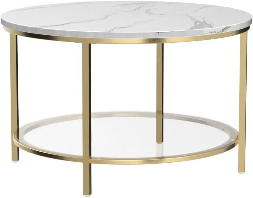 Nutech Decor White Marble Round Coffee Table with Glass for Living Room, 2-Tier Circle Coffee Table with Storage Clear Coffee Table, Simple Modern Center Cocktail Table, White (Gold)