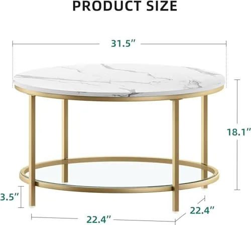 Nutech Decor White Marble Round Coffee Table with Glass for Living Room, 2-Tier Circle Coffee Table with Storage Clear Coffee Table, Simple Modern Center Cocktail Table, White (Gold)