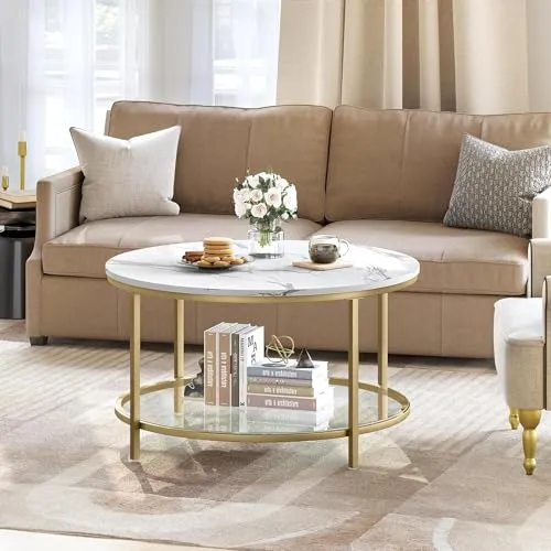 Nutech Decor White Marble Round Coffee Table with Glass for Living Room, 2-Tier Circle Coffee Table with Storage Clear Coffee Table, Simple Modern Center Cocktail Table, White (Gold)