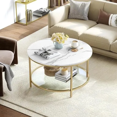 Nutech Decor White Marble Round Coffee Table with Glass for Living Room, 2-Tier Circle Coffee Table with Storage Clear Coffee Table, Simple Modern Center Cocktail Table, White (Gold)