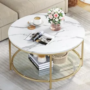 Nutech Decor White Marble Round Coffee Table with Glass for Living Room, 2-Tier Circle Coffee Table with Storage Clear Coffee Table, Simple Modern Center Cocktail Table, White (Gold)