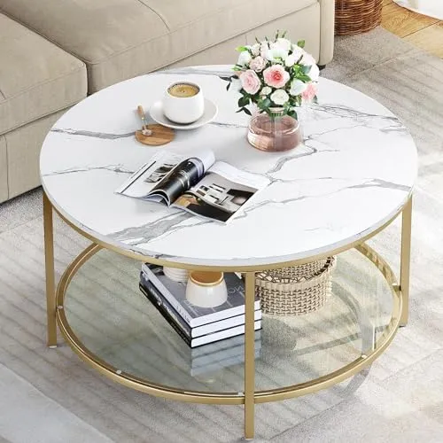 Nutech Decor White Marble Round Coffee Table with Glass for Living Room, 2-Tier Circle Coffee Table with Storage Clear Coffee Table, Simple Modern Center Cocktail Table, White (Gold)