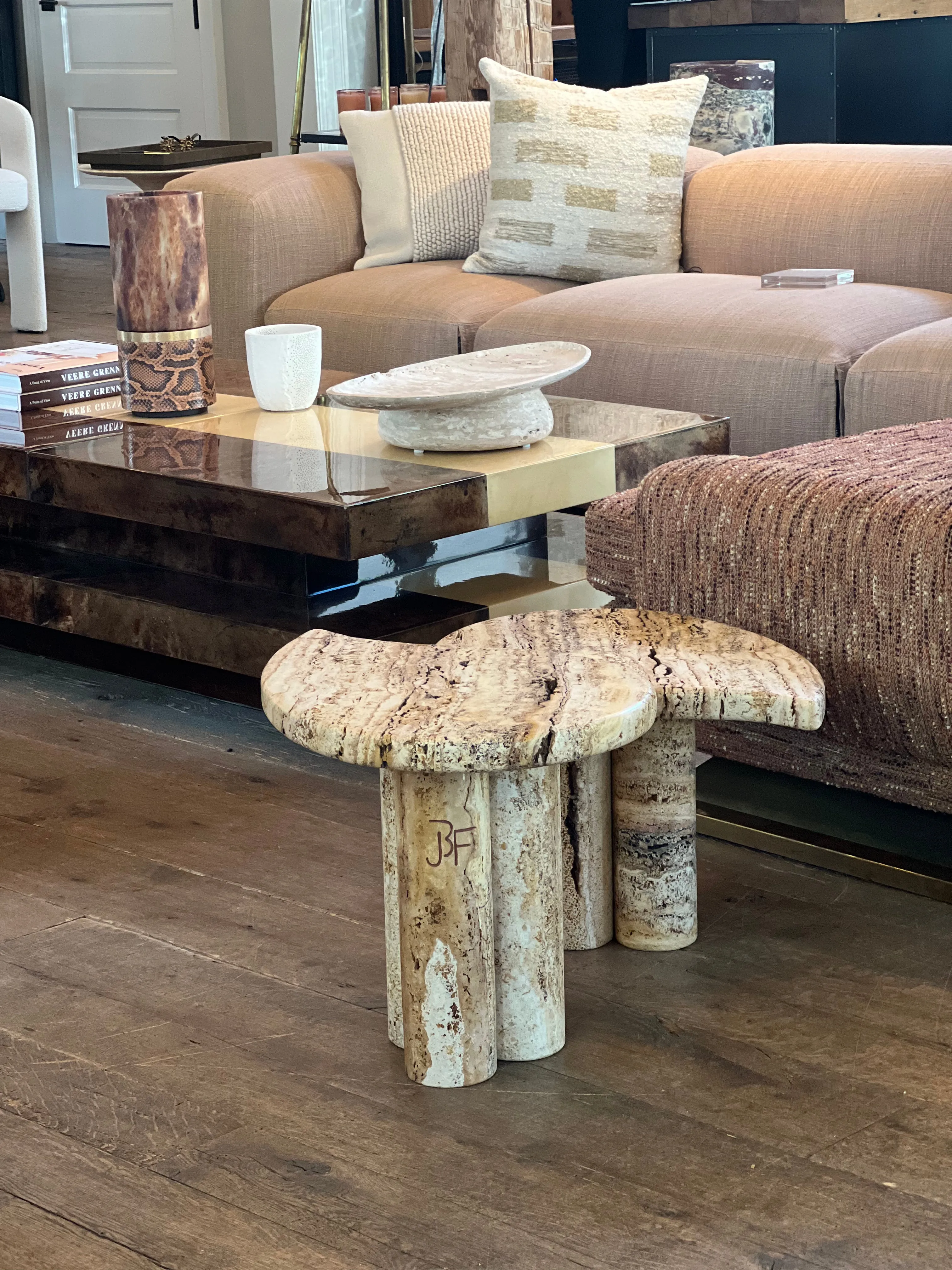 Pair of Side Tables by Jean Frederic Bourdier in Travertine