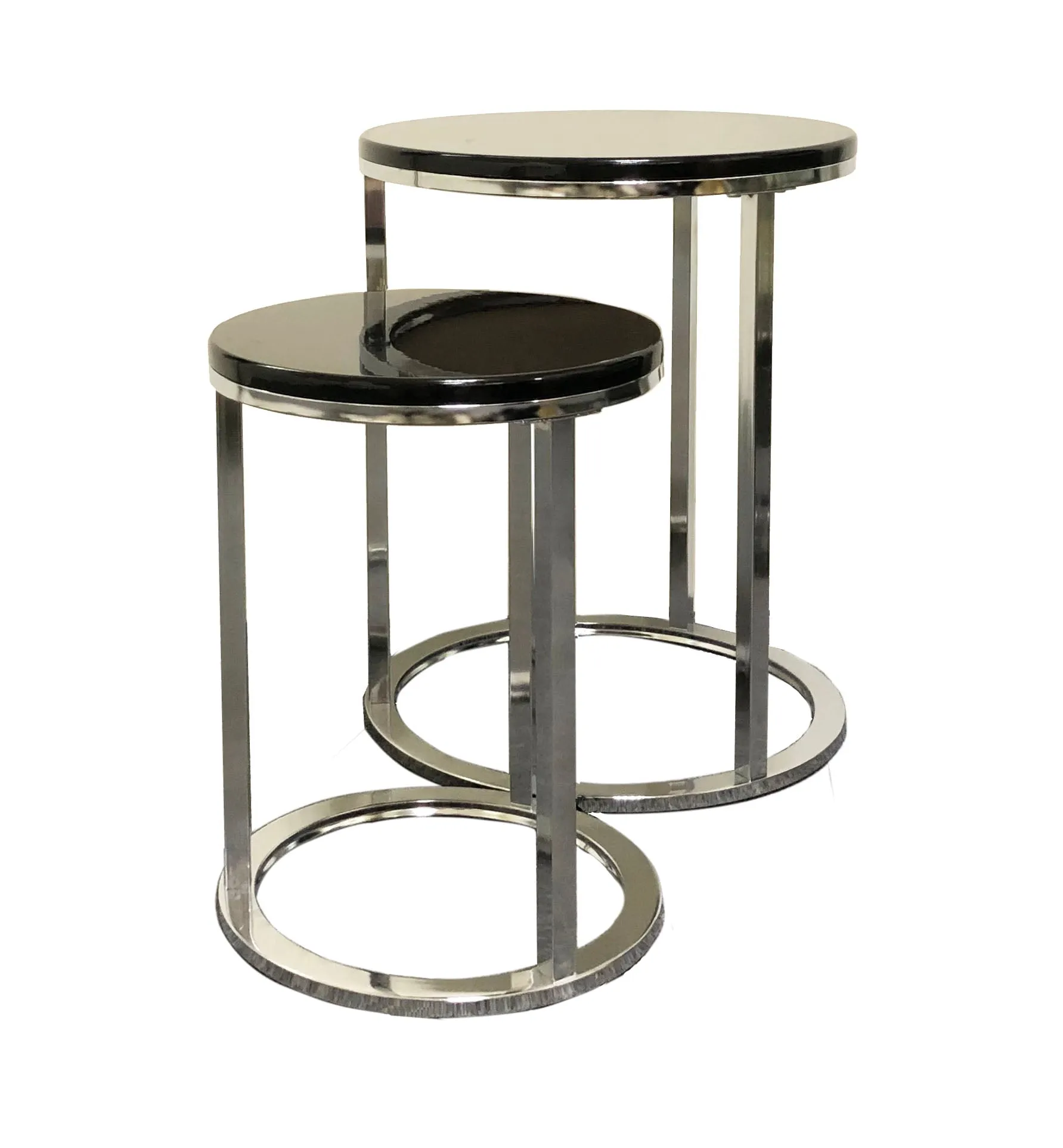 Paloma Set of 2 Round Nesting Tables, Glossy Black Tops and Chrome Base