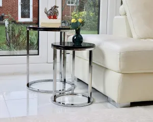 Paloma Set of 2 Round Nesting Tables, Glossy Black Tops and Chrome Base