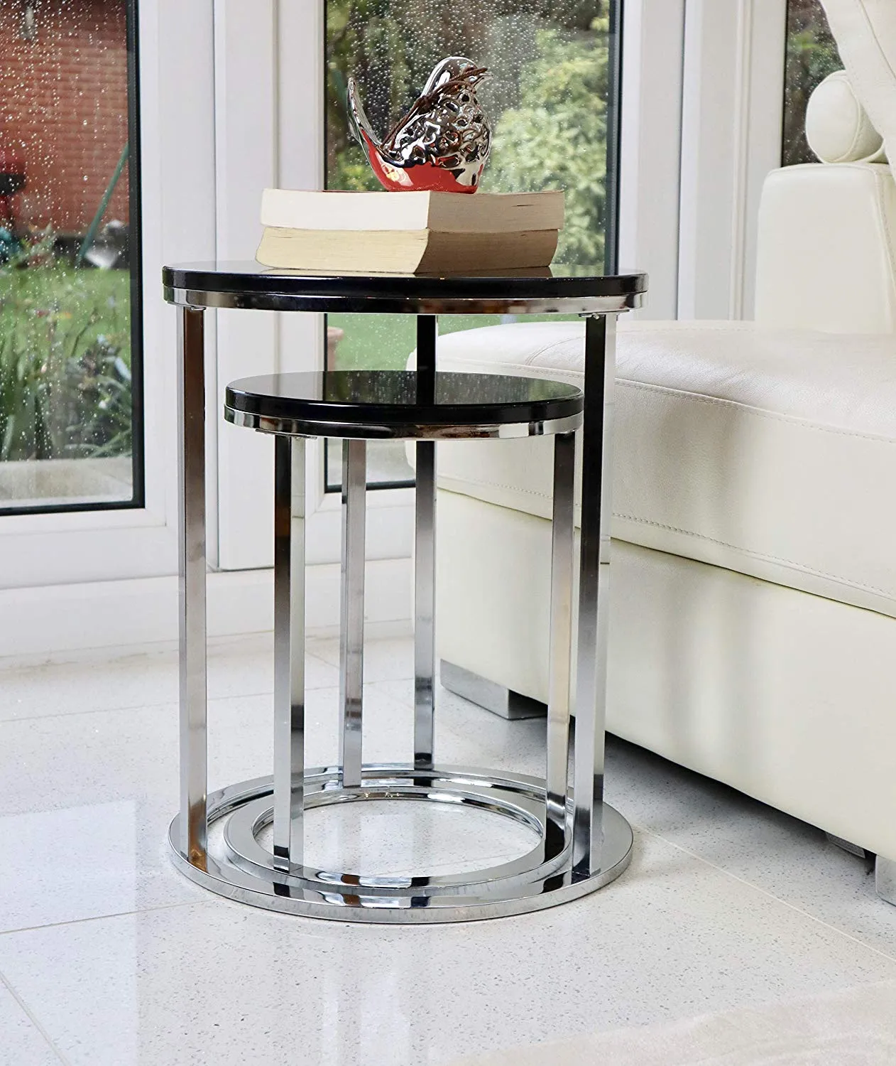 Paloma Set of 2 Round Nesting Tables, Glossy Black Tops and Chrome Base