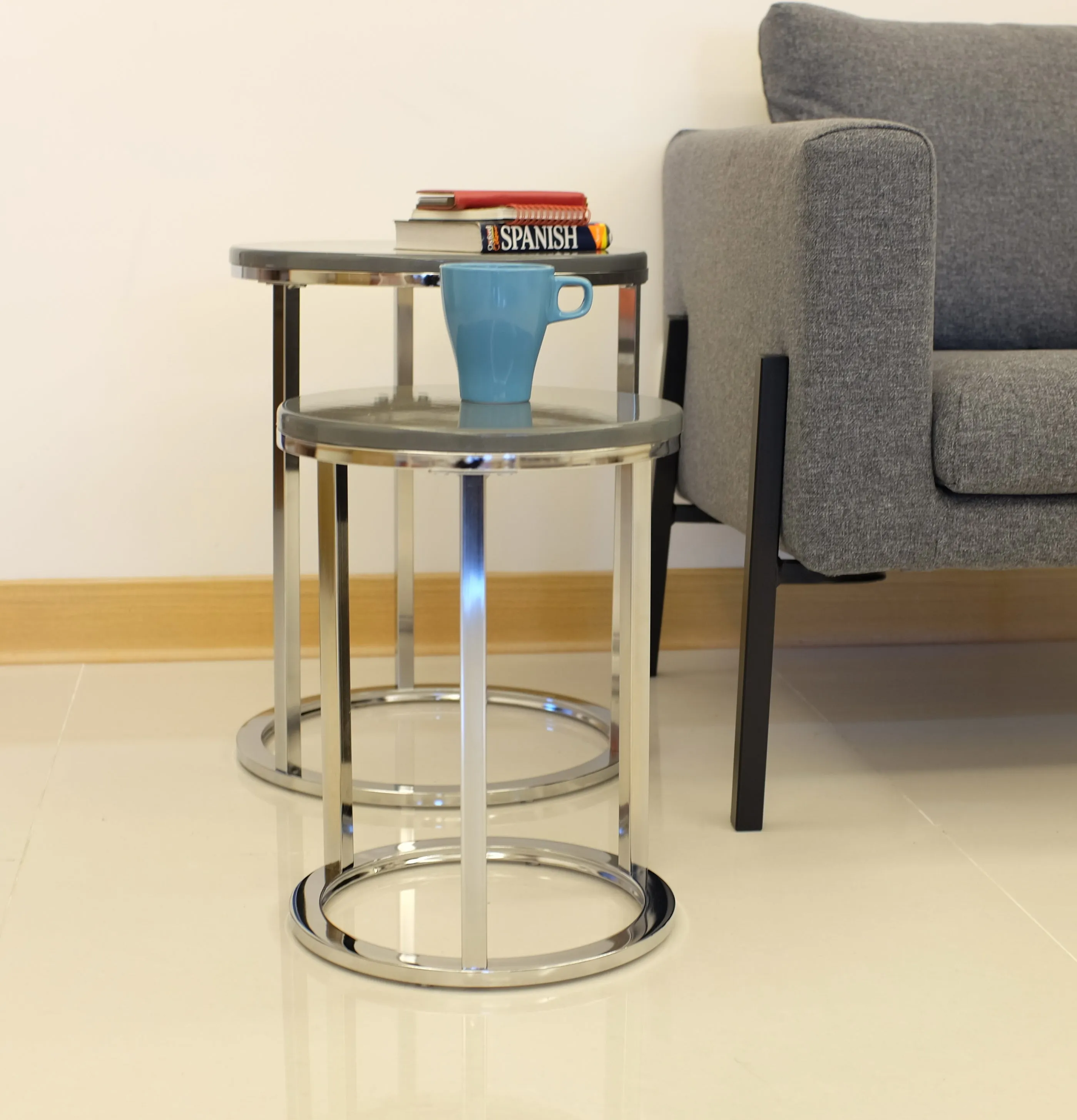 Paloma Set of 2 Round Nesting Tables, Glossy Grey Tops and Chrome Base