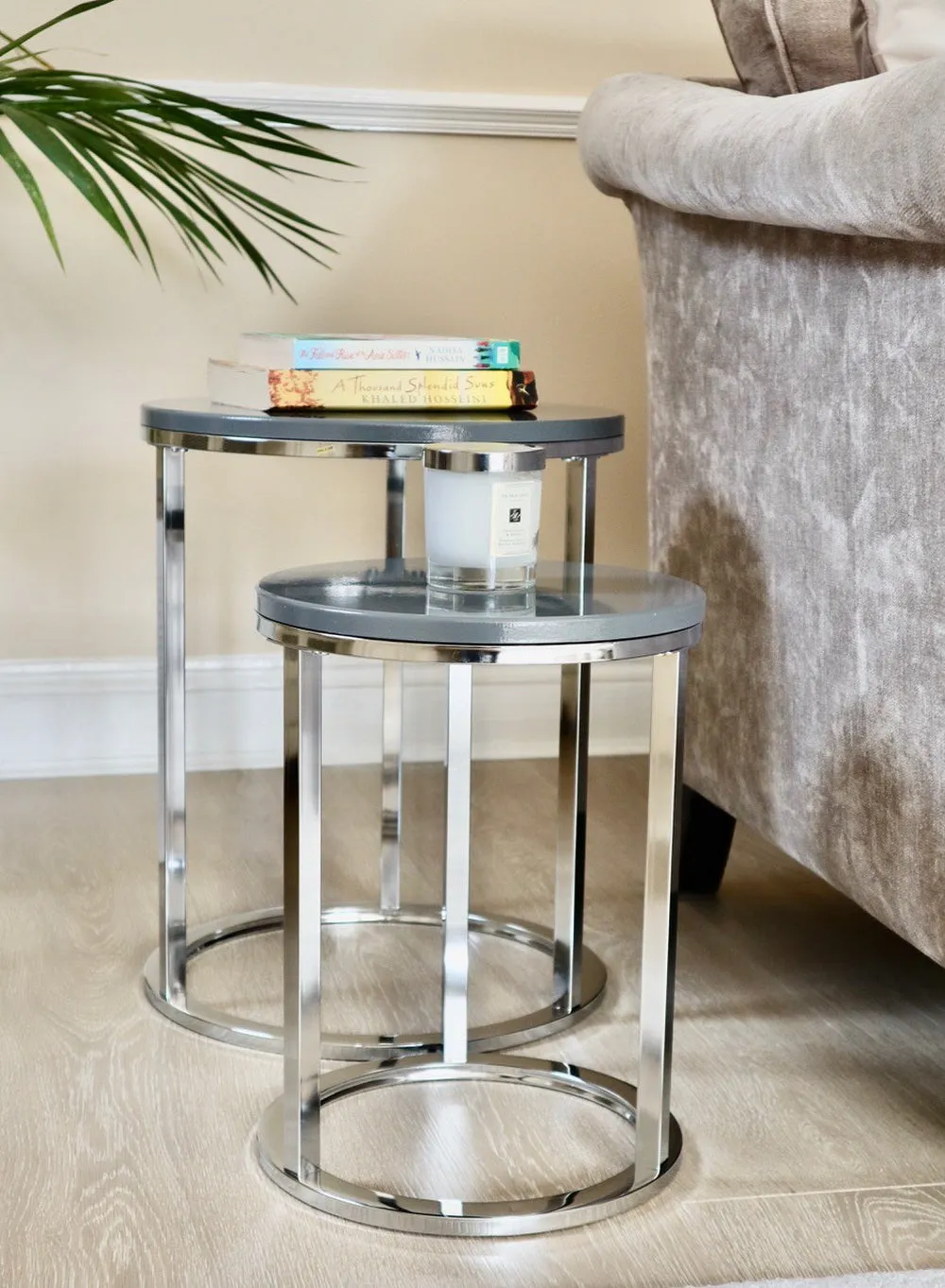 Paloma Set of 2 Round Nesting Tables, Glossy Grey Tops and Chrome Base