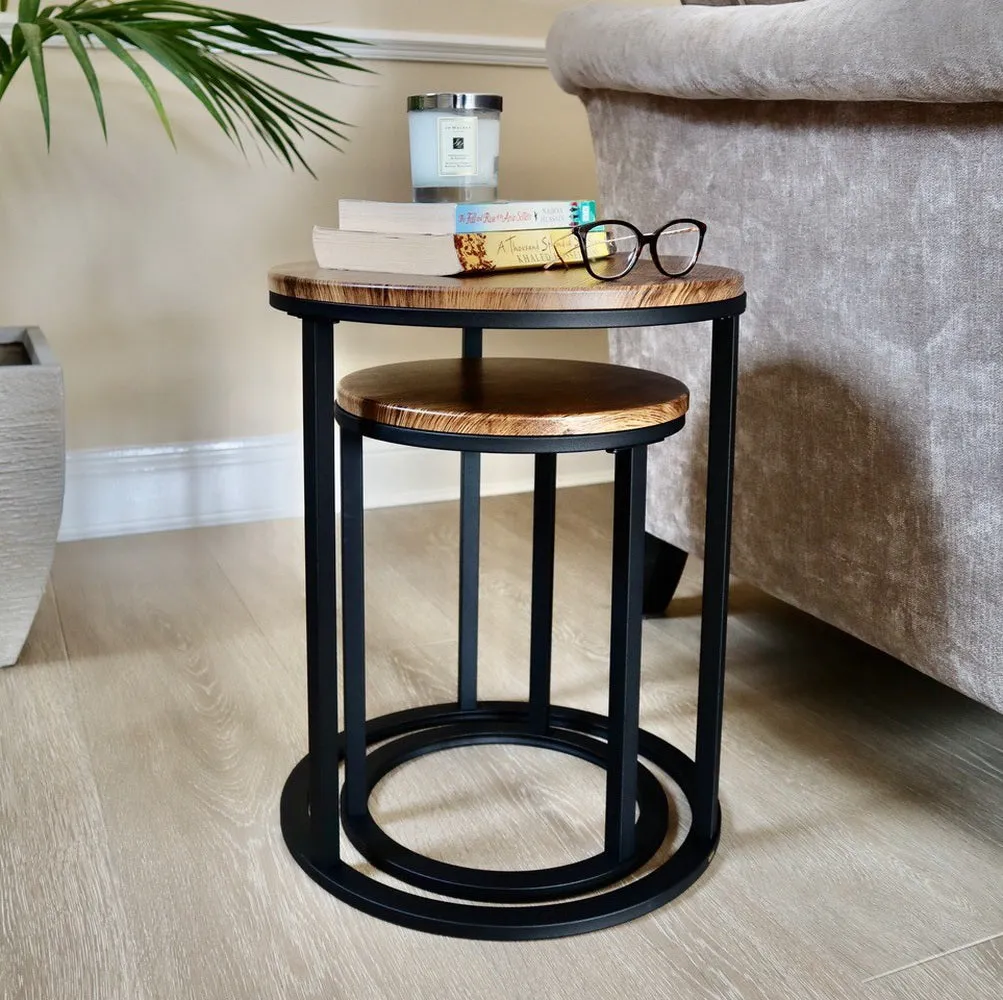 Paloma Set of 2 Round Nesting Tables, Vintage Tops and Black Base