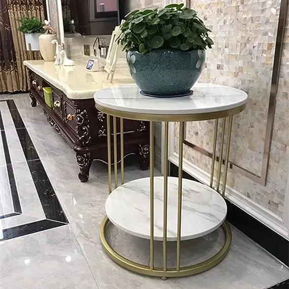 QEY Metal & Wood End Table with Storage Shelf for Home & Living Room Side & Corner Table Sofa End Table (Gold & White)